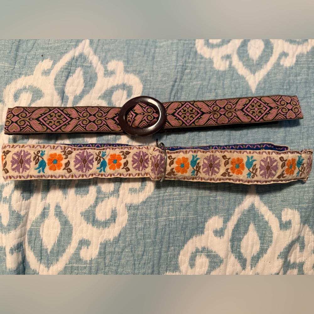 2 Floral Embroidered Women's Belt - Purple and Cream Reversible + Pink & Gold